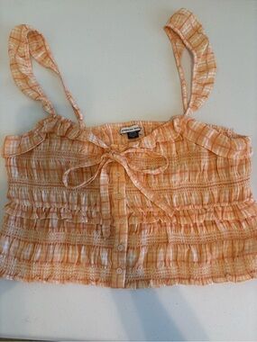 American Eagle Outfitters Peach Plaid Smocked Ruffle Camisole Top